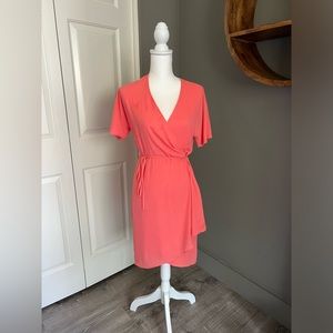 Aritzia Babaton Pink/coral Wallace Short Sleeve Wrap Mini Dress in Small